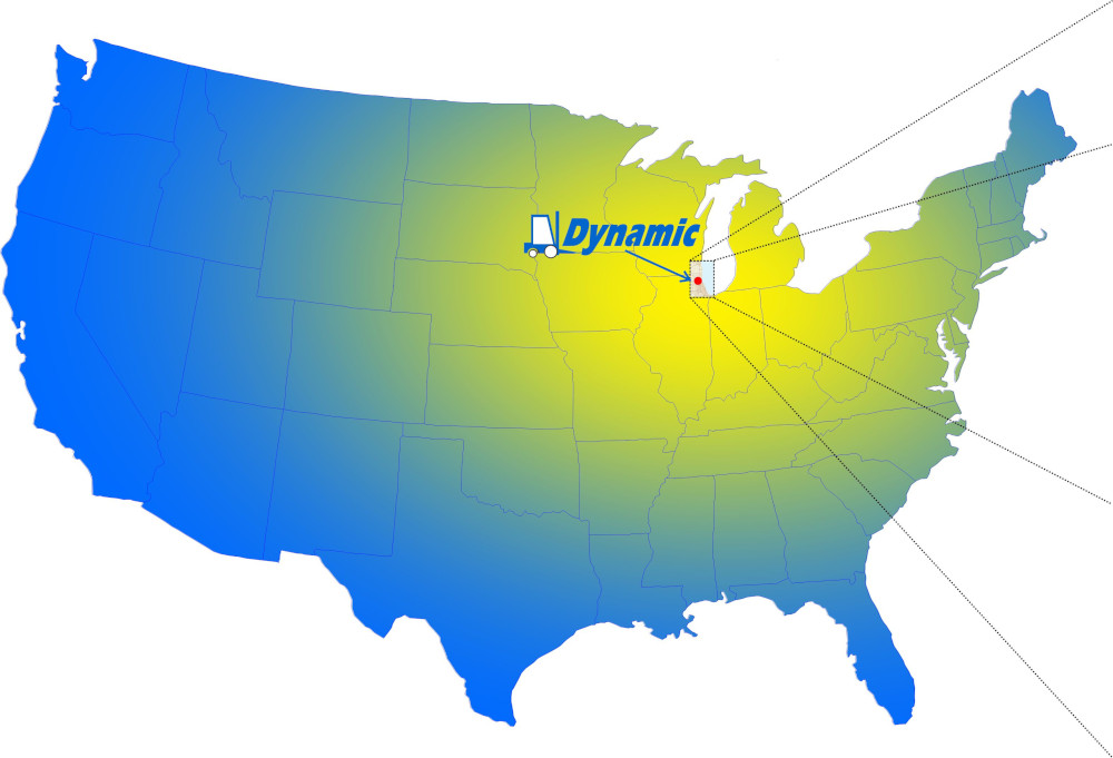 USA map with Dynamic Distribution located at center of Midwest in Chicago area